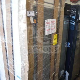Sealed heavy-duty carton for scratch and dent item, labeled "GLASS" with handling instructions. Item number 41 visible.