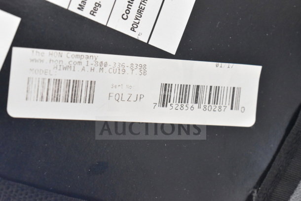 Label on HON Company office chair, model HIWM1.A.H.M.CU19.T.SB, serial number FQLZJP.