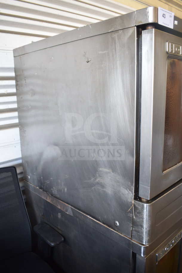 2 Blodgett BDO-100-G-ES convection ovens, natural gas, full size, view-through doors, 45,000 BTU, scratched exterior.
