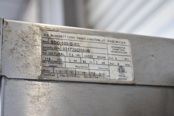 Blodgett BDO-100-G-ES convection oven label showing model, serial number 031720CIO84B, and 45,000 BTU details.