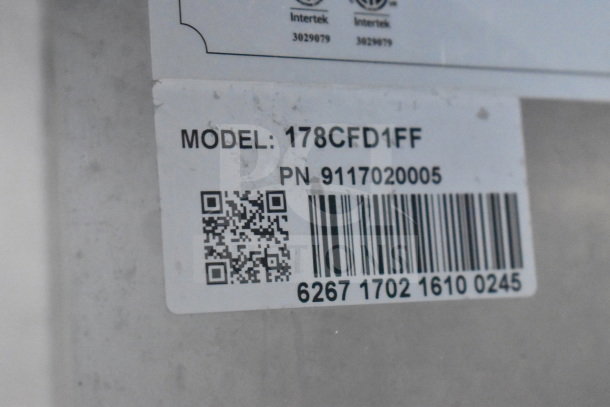 Avantco 178CFD1FF freezer label showing model and part number, with a QR code and barcode on a metal surface.