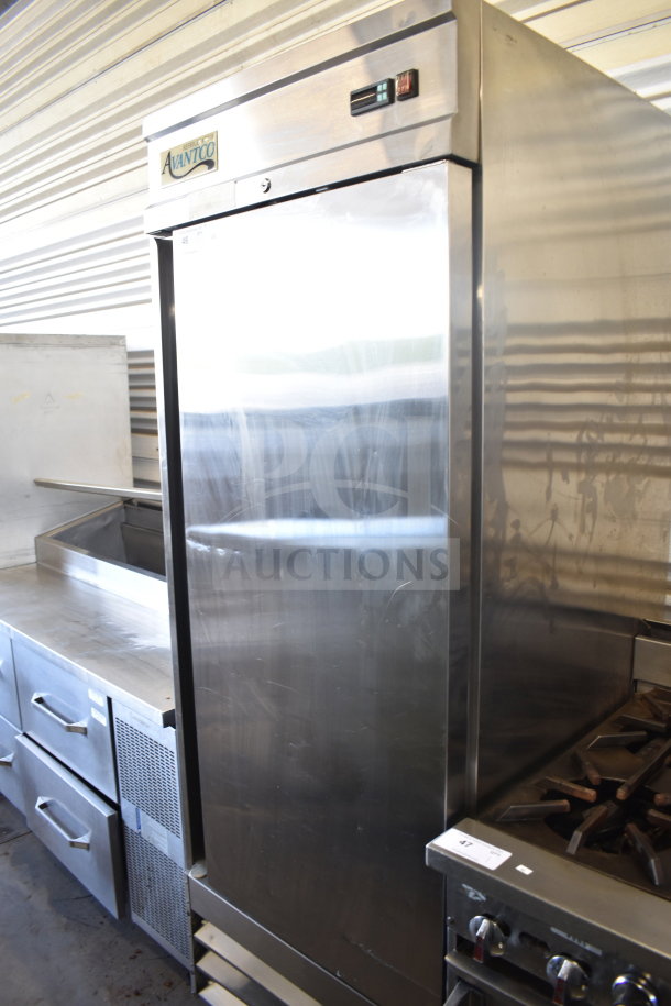 Avantco 178CFD1FF commercial single door reach-in freezer, stainless steel, 115V, 1 Phase, with visible brand label.