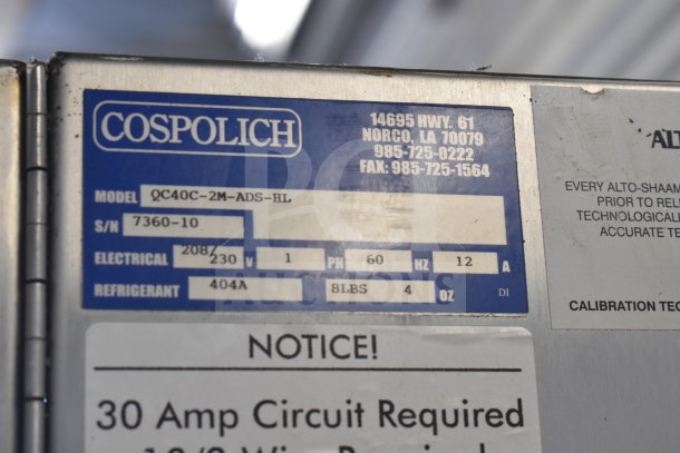 Alto Shaam QC40C-2M-ADS-HL commercial blast chiller label showing model, serial number 7360-10, voltage, and refrigerant details.
