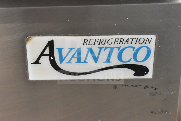 Avantco 178SSPT60MHC Refrigeration logo on stainless steel surface, indicating commercial sandwich salad prep table.