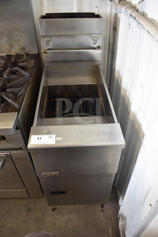 Pitco Frialator commercial natural gas deep fat fryer, 110,000 BTU, floor style, stainless steel, auction tag visible.