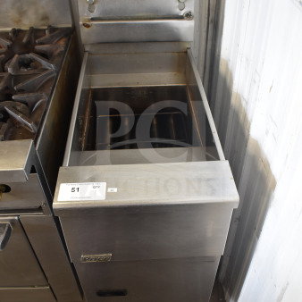 Pitco Frialator commercial natural gas deep fat fryer, 110,000 BTU, floor style, stainless steel, auction tag visible.