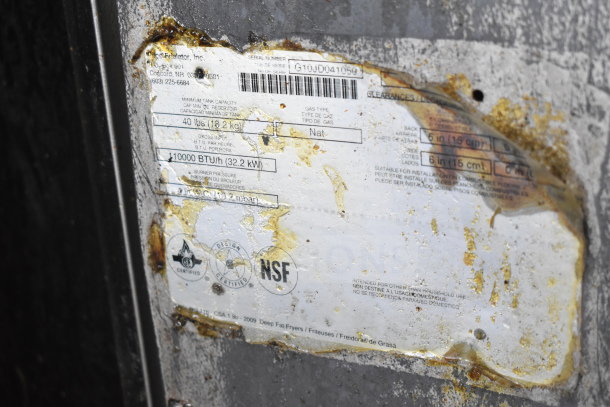 Pitco Frialator commercial floor-style natural gas deep fat fryer, 110,000 BTU, with a worn certification label.