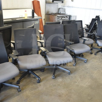 Sixteen office chairs on casters, black mesh back, gray seat, ergonomic design, adjustable arms, good condition.
