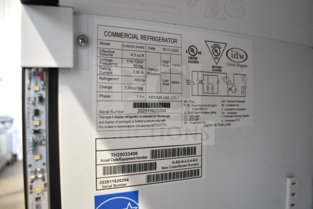 Commercial single door reach-in cooler by IDW, model G-4SI-N-2-3-4-B-5. Features label with specs: 110-120V, 1 phase, R600a refrigerant.