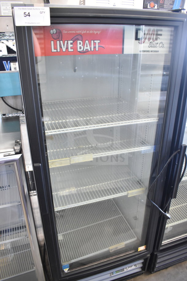 2018 True GDM-12-HC-LD commercial cooler merchandiser, single glass door, 115V, 1 phase, 4 shelves, "Live Bait" branding.