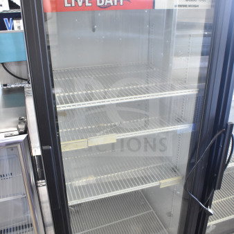 2018 True GDM-12-HC-LD commercial cooler merchandiser, single glass door, 115V, 1 phase, 4 shelves, "Live Bait" branding.