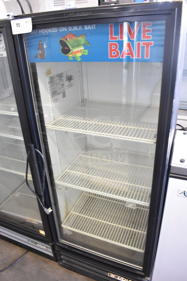 True GDM-12 commercial cooler, single door, glass front, 115 volts, 1 phase, labeled "LIVE BAIT," clean condition.