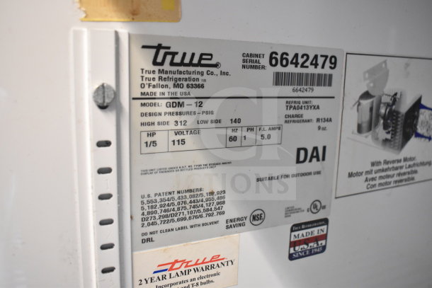 True GDM-12 Cooler label, 115V, 1 phase, model details, U.S. patent numbers, 2-year lamp warranty noted.