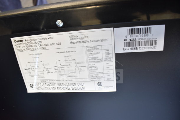 Danby DAR044A4BSLDD Mini Cooler label showing specifications; brand new with scratch and dent, 115V, 1 phase.