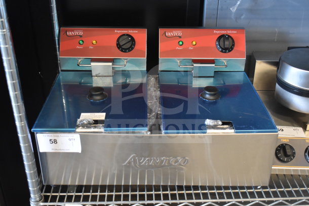Brand new Avantco 177F102 dual tank electric fryer. Features 20 lb capacity, 2 baskets, 2 lids. 120V, 1 phase.