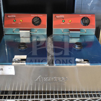 Brand new Avantco 177F102 dual tank electric fryer. Features 20 lb capacity, 2 baskets, 2 lids. 120V, 1 phase.
