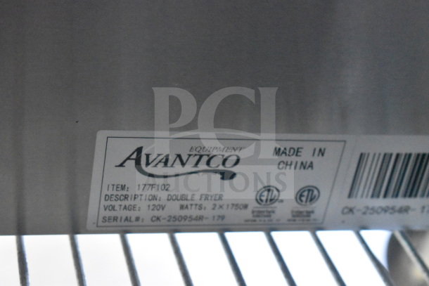 Alt text: "Label on Avantco 177F102 20 lb. Dual Tank Electric Fryer, 120V, 1 Phase, showing model, serial number, and ETL certification."