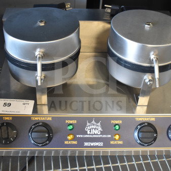 Brand new 2025 Carnival King 382WSM22 double waffle maker, non-stick, with timers, 120 volts, slight scratch and dent.