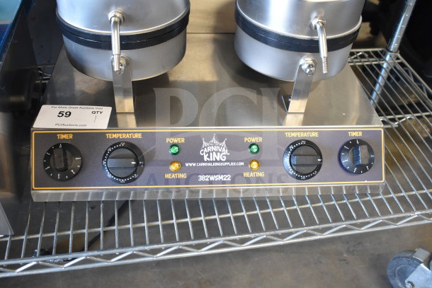 Brand new Carnival King 382WSM22 double waffle maker with non-stick plates, timers, and controls; 120 volts, 1 phase.