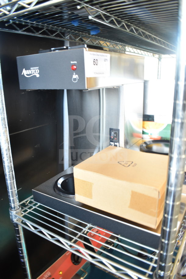 Brand new Avantco 177C30 pourover commercial coffee maker with 3 warmers, visible scratch and dent, 120V, 1 Phase.
