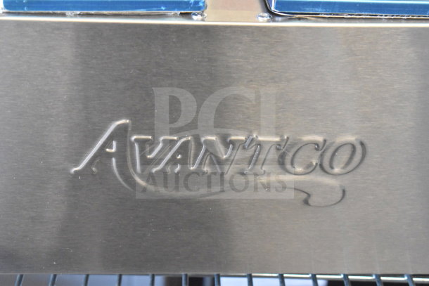 Avantco 177F102 logo on stainless steel surface of electric countertop fryer, 20 lb dual tank, 2025 model.