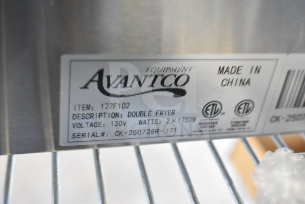 "Avantco 177F102 dual tank electric fryer label showing 120V, 1-phase, 2x1750W specs, and made in China."