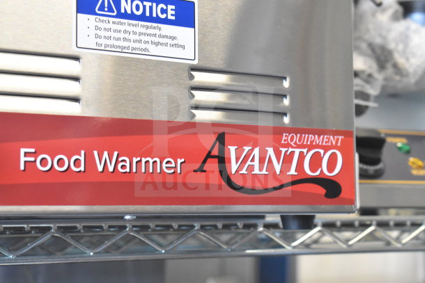 Brand new Avantco 177W50 electric food warmer, 12"x20". Features visible "Notice" label with usage guidelines.