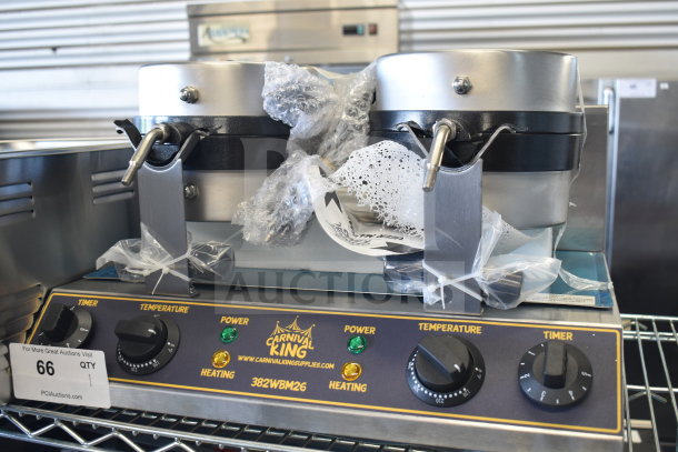 Brand new 2025 Carnival King 382WBM26 non-stick double Belgian waffle maker, with timers, 120V, minor scratches.