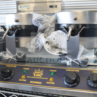 Brand new 2025 Carnival King 382WBM26 non-stick double Belgian waffle maker, with timers, 120V, minor scratches.