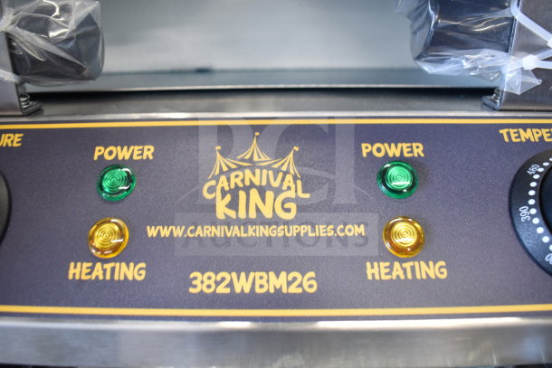 BRAND NEW Carnival King 382WBM26 Non-Stick Double Belgian Waffle Maker, featuring power and heating indicators.