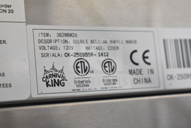 Carnival King 382WBM26 Double Belgian Waffle Maker label, stating 120V, 2200W, made in China, with serial CK-250955R-1412.
