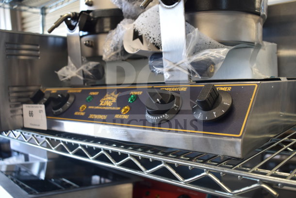 Brand new 2025 Carnival King 382WBM26 double Belgian waffle maker with non-stick plates and timers, visible scratch and dent.