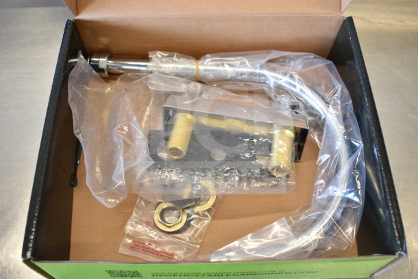 BRAND NEW Regency 600FD48G deck-mounted faucet with 4" centers, 8" swivel gooseneck spout, in original packaging.