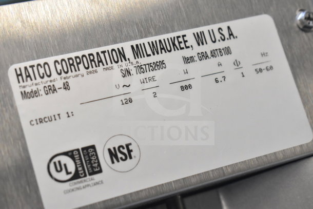 Label of Hatco GRA-48 Infrared Warmer, 120V, 1 Phase, UL and NSF certified, Model GRA-48, Serial 7057752605.