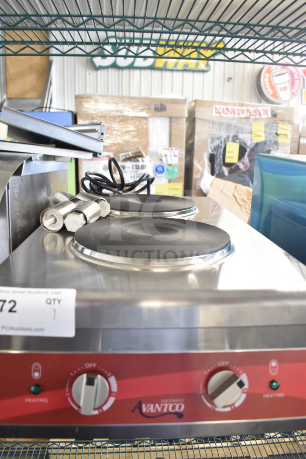 Brand new Avantco 177CER200 dual burner electric range, 208/240V, with minor scratches. Visible control knobs and brand logo.