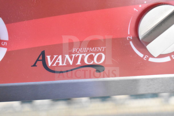 Avantco 177CER200 control panel close-up, showing brand name and adjustable knob settings. Slight surface imperfections visible.
