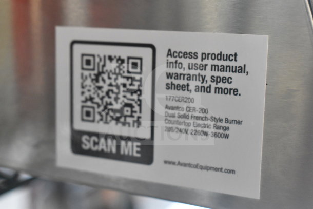 Brand new Avantco 177CER200 dual French-style burner range tag, showing product info, specs, and QR code.