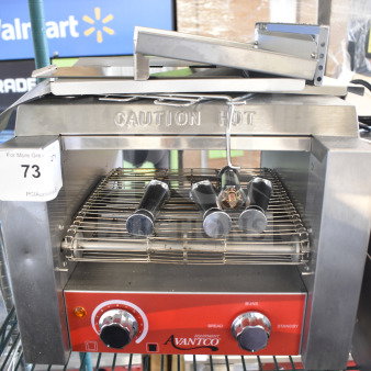 Brand new Avantco 184T140 commercial conveyor toaster, 10" wide, 3" opening, 300 slices/hour, 120V, scratch and dent condition.