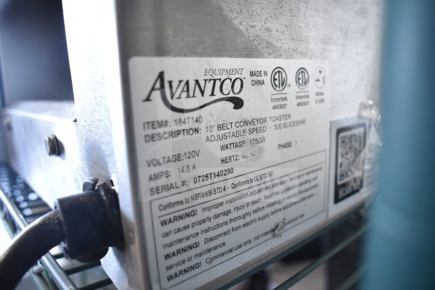 Brand new Avantco 184T140 conveyor toaster, 10" wide, 3" opening, 300 slices/hr, 120V, scratch and dent condition.