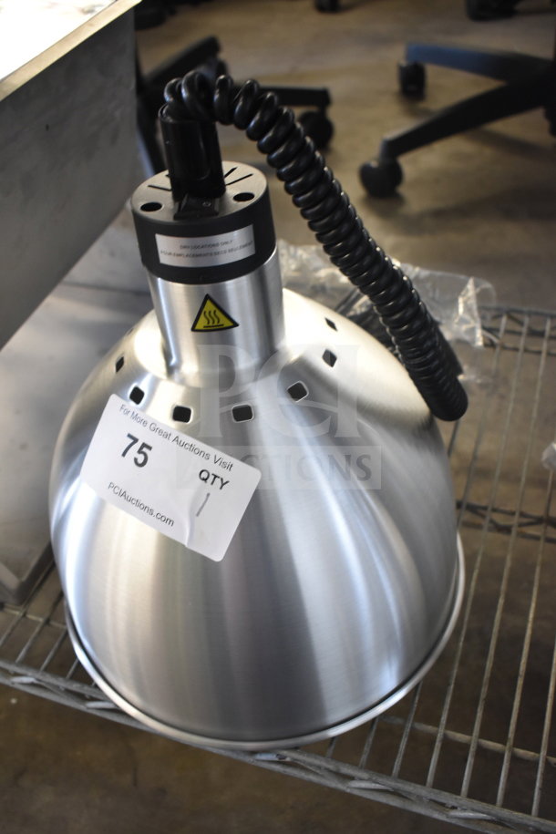 BRAND NEW ServIt HLR85SS heat lamp, retractable cord, stainless steel finish, round dome shade, minor scratch and dent.