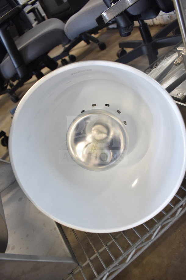 BRAND NEW ServIt HLR85SS retractable cord ceiling mount heat lamp, modern stainless steel finish, round dome shade.