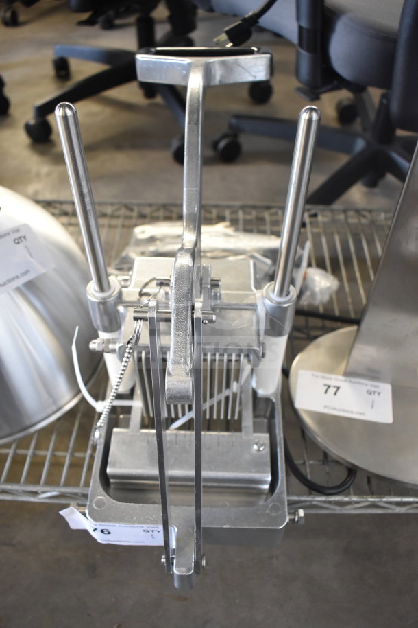 Brand new scratch and dent countertop cooked chicken slicer, stainless steel, manual operation, durable construction.