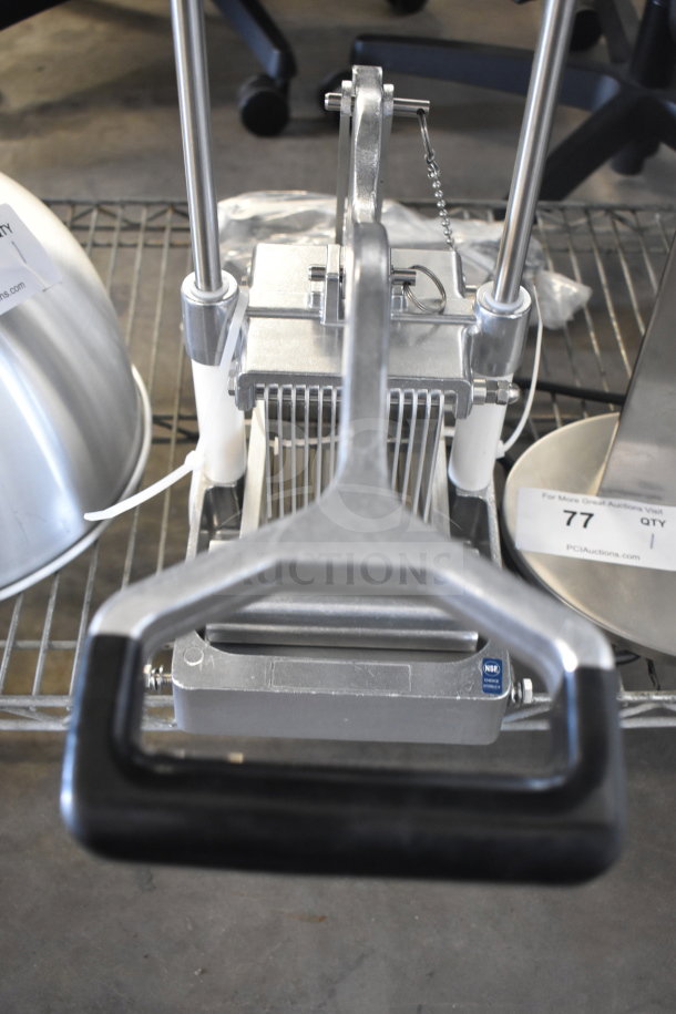 Brand new scratch and dent countertop cooked chicken slicer, stainless steel, ergonomic handle, slight cosmetic flaws.