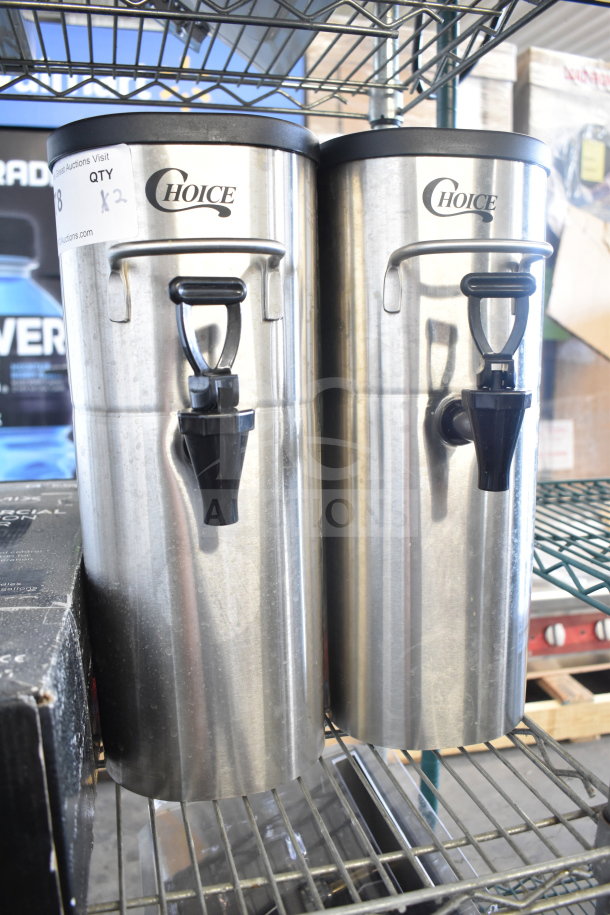 2 new Choice 407ITD2GS 2-gallon iced tea dispensers, stainless steel, with spigot, slight scratches, auction label visible.