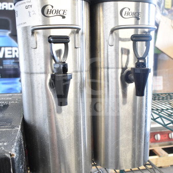 2 new Choice 407ITD2GS 2-gallon iced tea dispensers, stainless steel, with spigot, slight scratches, auction label visible.