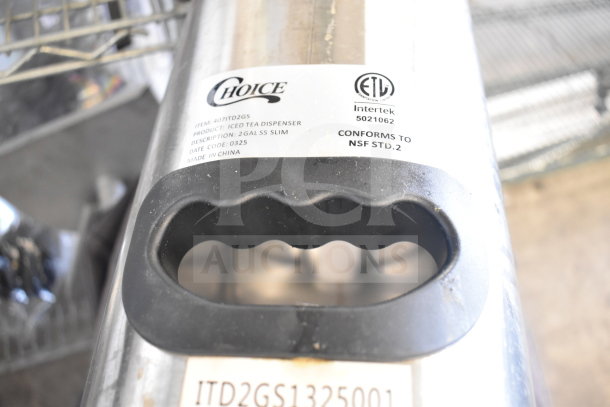 Brand new Choice ITD2-GS 2-gallon slim iced tea dispenser with label details; scratch and dent condition.