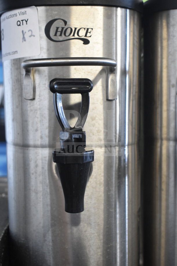 Brand new Choice ITD2-GS 2-gallon slim iced tea dispenser with a black spout and handles, slightly scratched surface.