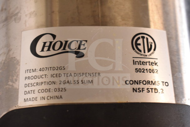Choice 407ITD2GS 2-gallon slim iced tea dispenser label showing model and NSF certification. Brand new, scratch and dent.