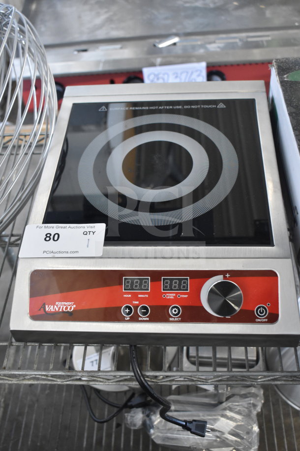 Brand new Avantco 177IC1800 countertop induction range; 120V, 1 phase; scratch and dent; digital controls visible.