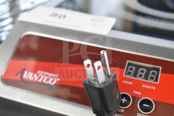 Brand new Avantco 177IC1800 induction range, 120V, with minor scratches. Red control panel, digital display, and function buttons visible.